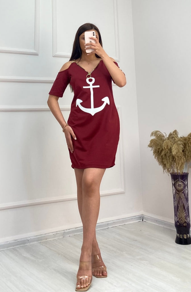 Fermuar Detay çıpa Baskılı Zincir Askılı Iki Iplik Elbise - Bordo