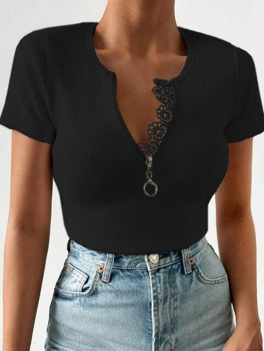 Kadın Beyaz Yaka Dantel Ve Fermuarlı Kaşkorse Bluz