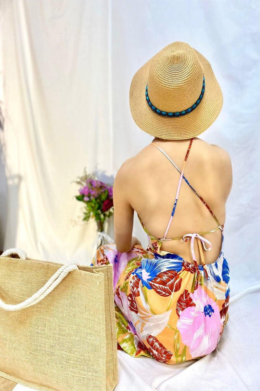 Mavi Sırt Dekolteli Keten Elbise