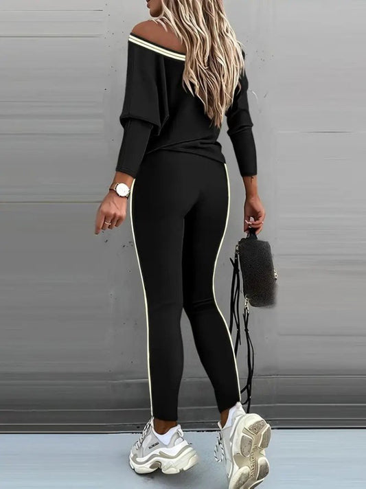 Kadın Uzun Kollu Tek Omuzu Açık Detaylı Viskon Iki Iplik Bluz Ve Pantolon Ikili Takım