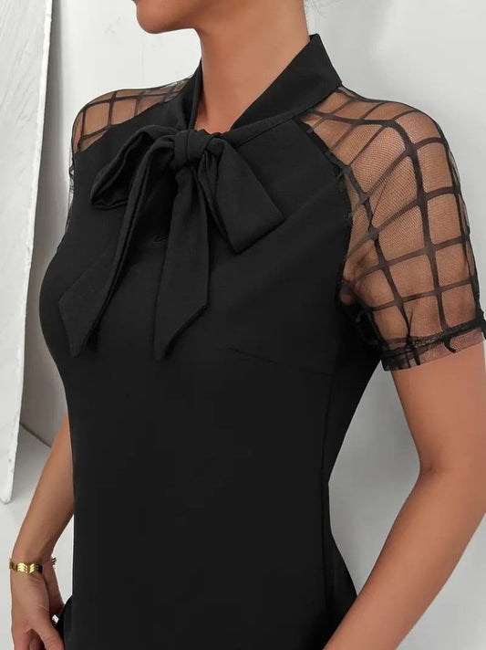 Kadın Kısa Kollu Boyundan Bağlamalı Omuzlarda Tül Detaylı Janjan Krep Elbise