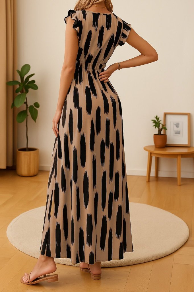 Kadın Kısa Kollu V Yakalı Yırtmaçlı çiçek Desenli Süprem Elbise