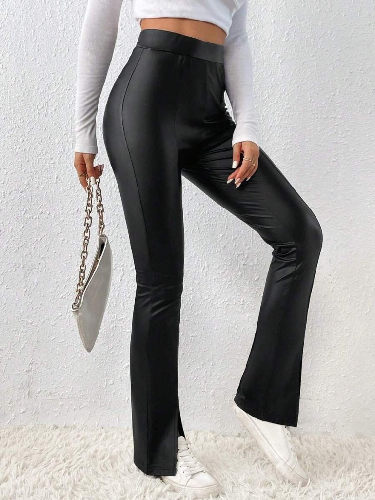 Kadın Yüksek Bel önden Yırtmaçlı Deri Tayt