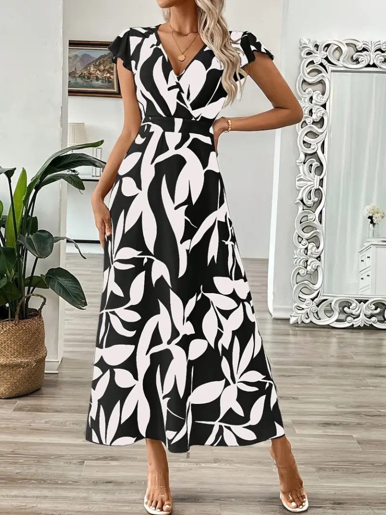 Kadın Kısa Kelebek Kollu Kruvaze Yaka Desenli Süprem Elbise