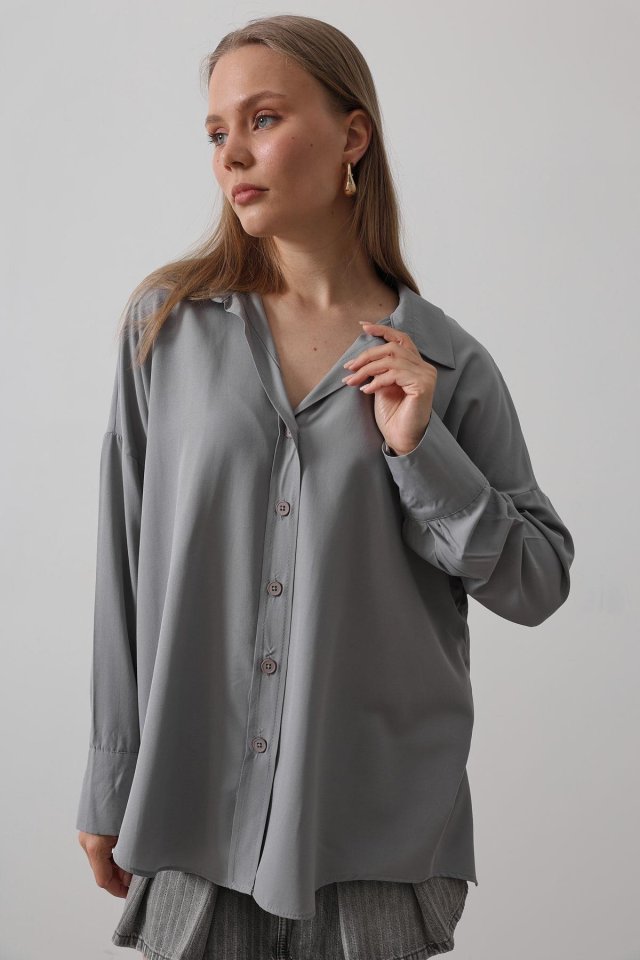 Geniş Manşet Detaylı Gömlek - Gri