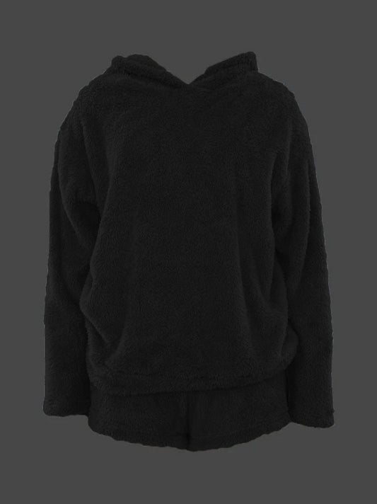 Kadın Uzun Kollu Meow Kedi Nakışlı Kapşonlu Peluş Sweat Ve Short Ikili Takım