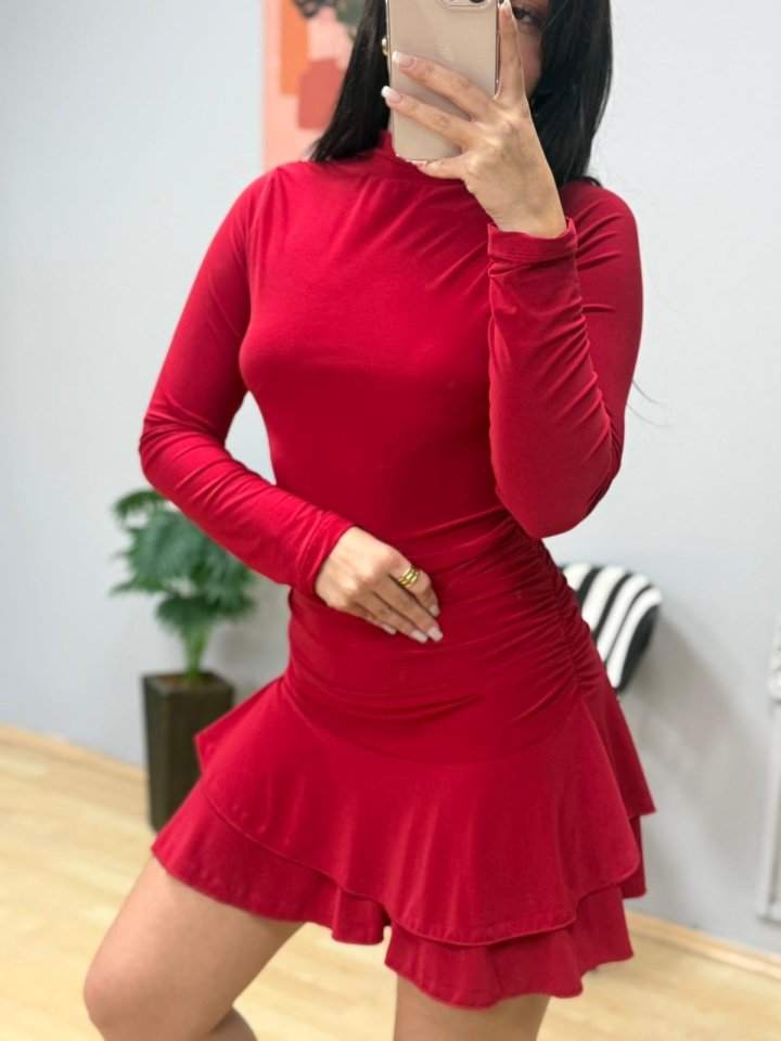 Kadın Uzun Kollu Balıkçı Yaka Mini Fırfırlı Sandy Elbise