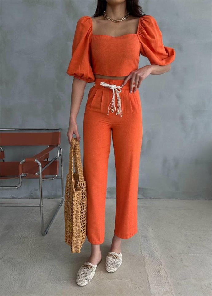 KETEN CROP KARPUZ KOL BLUZ-PANTOLON HASIR KEMERLİ - Orange