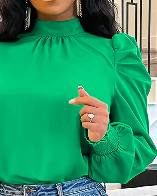 Kadın Uzun Kollu Balıkçı Yaka Arkadan Bağlamalı Omuzlardan Balon Ithal Krep Bluz