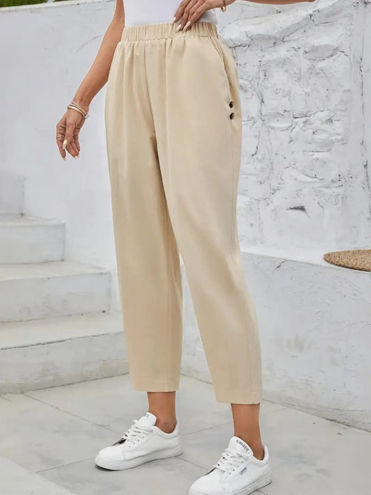 Kadın Yüksek Bel Yandan Cepli Düğme Detaylı Geniş Kesim Ithal Krep Pantolon