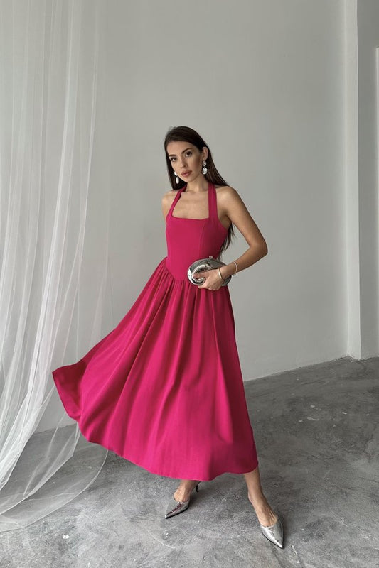 Fuşya Boyundan Bağlamalı Keten Elbise