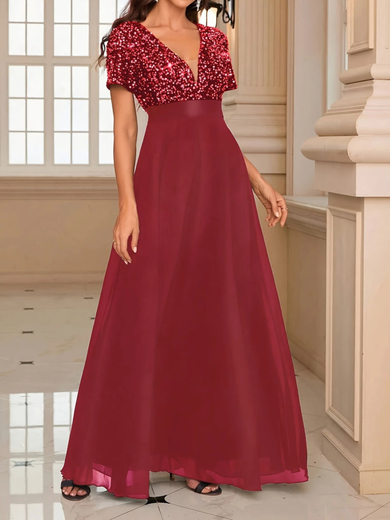 Kadın Kısa Kollu Derin V Yakalı A Kesim Pulpayet Detaylı şifon Nedime Elbisesi