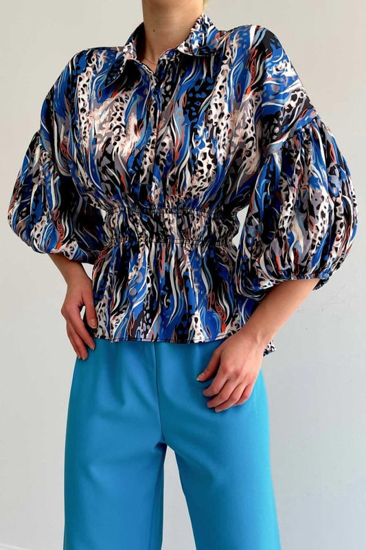 Beli Lastikli Saten Gömlek - Mavi