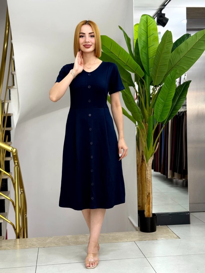 Kadın Kısa Kollu V Yakalı önden Düğmeli A Kesim Dokuma Elbise