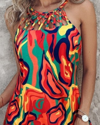 Kadın Omuzlardan Açık çapraz şerit Detaylı Desenli Süprem Elbise