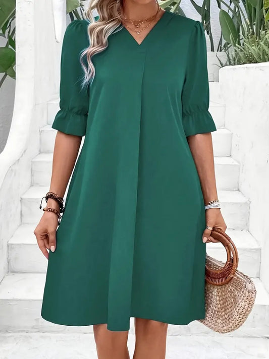 Kadın Kısa Kollu V Yakalı Salaş Janjan Krep Elbise