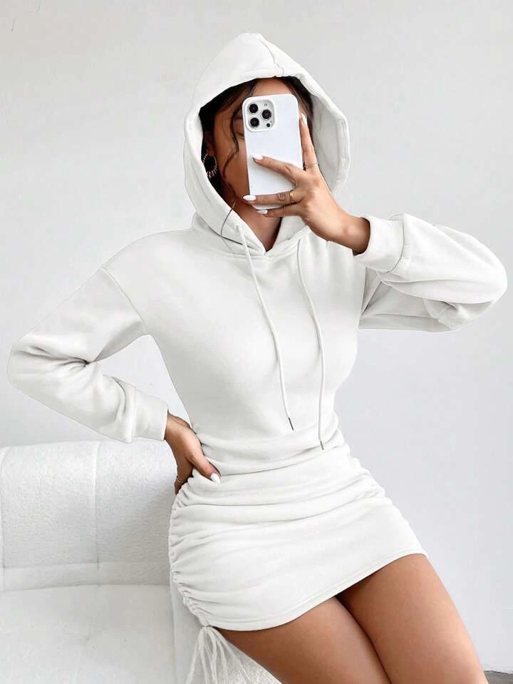 3 iplik şardonlu kapşonlu elbise beyaz