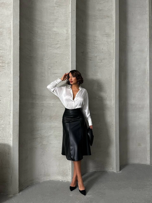 Komple parçalı deri etek siyah h26441