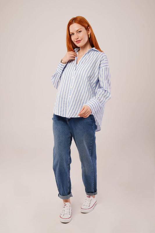 Çizgili Rahat Kesim Mavi Gömlek