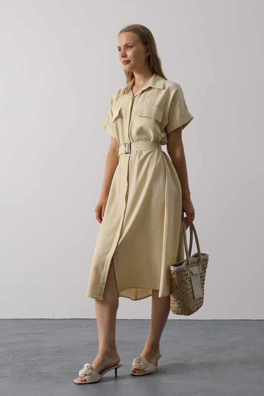 Kuşaklı Cep Detaylı Yarım Kol Elbise - Ekru