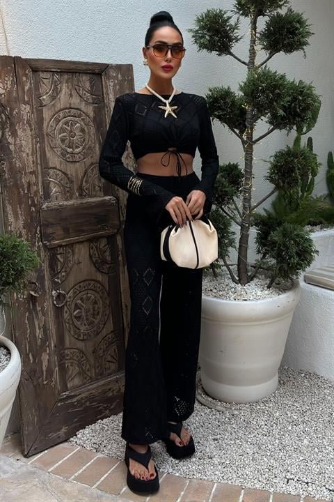 Göğüs Bağcık Detaylı Ajurlu Bluz Pantolon Takım 10098