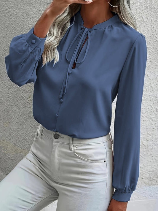 Kadın Uzun Kollu Yakalı Yakadan Bağcıklı Düğmeli Sandy Bluz