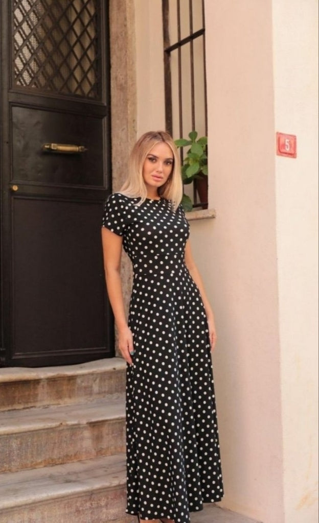 Kadın Kısa Kollu Bisiklet Yaka Puantiyeli Maksi örme Krep Elbise