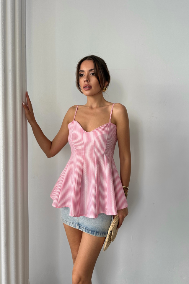 ÇİZGİLİ GOFRE ASKILI PENS DETAYLI BLUZ - Pembe