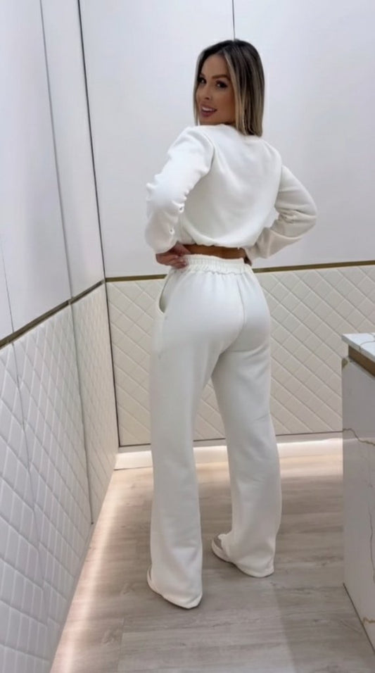 Kadın Uzun Kollu Bisiklet Yaka Desenli Iki Iplik şardonlu Bluz Ve Pantolon Ikili Takım