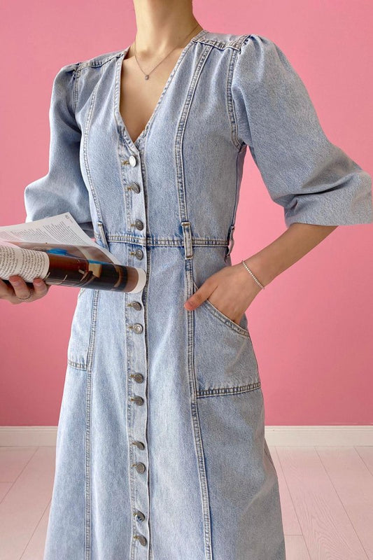 Kar Yıkama Balon Kol Kot Elbise