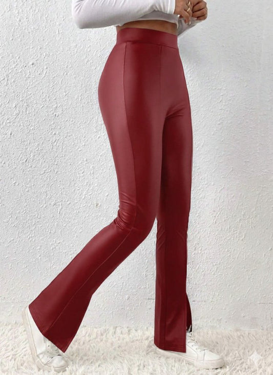 Kadın Yüksek Bel önden Yırtmaçlı Deri Tayt