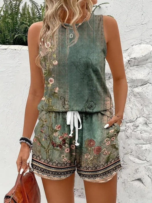 Kadın Askılı Yuvarlak Yaka çiçek Baskılı Süprme Bluz Ve Short Ikili Takım