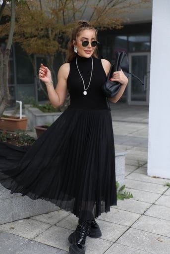 Kadın Triko Plise Ve Tül Detay Iki Parça Elbise