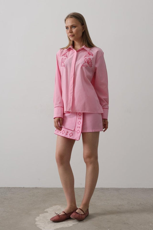 Nakış Detaylı Etekli Takım - Pembe