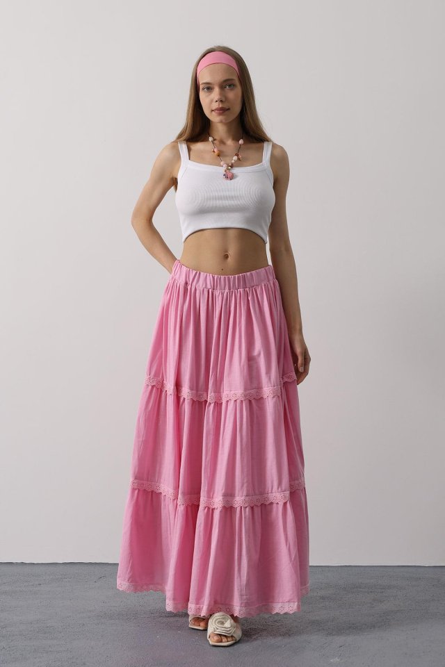 Dantel Detaylı Etek - Pembe