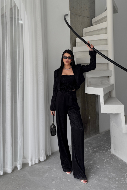 JAKARLI BLUZU TASARIM DETAYLI CEKET-PANTOLON-BLUZ 3 LÜ TAKIM - Siyah