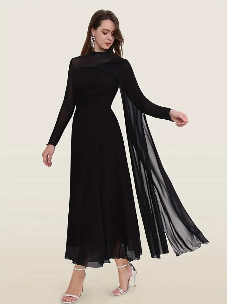 Kadın Uzun Kollu Yarı Balıkçı Yaka Tül Detaylı Uzun Sandy Elbise