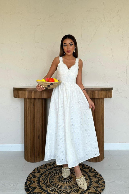 Ekru Dantel Detaylı Askılı Elbise