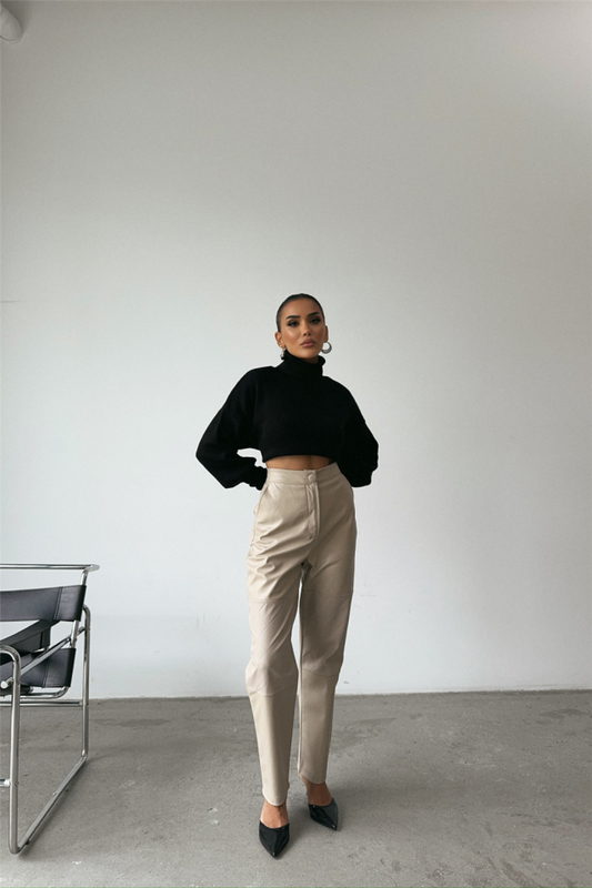 DERİ PANTOLON DİZ PARÇALI - Taş