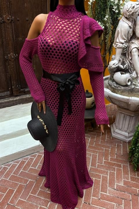 Saten Kuşaklı Ajurlu Triko Elbise 2847