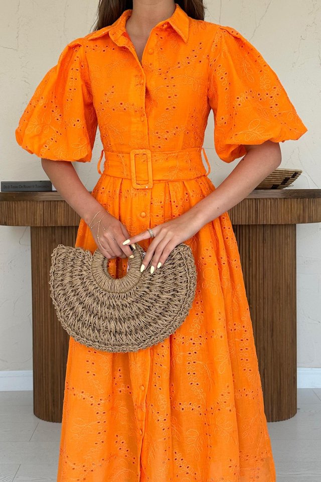 Oranj Pileli Balkon Elbise
