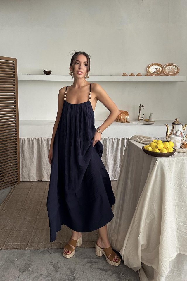 Lacivert Askılı Müslin Elbise