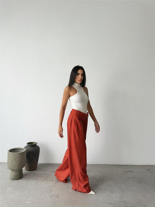 PALAZZO PANTOLON KUMAŞ KEMER DETAYLI - Kiremit