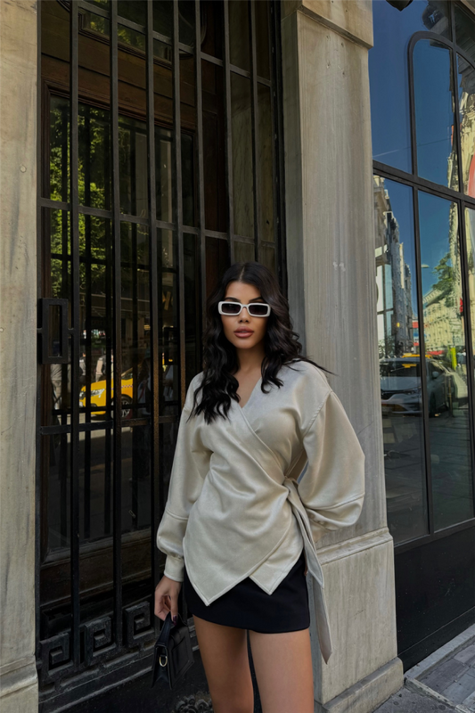 SÜET KRUVAZE BLUZ BAĞLAMA DETAYLI - Taş