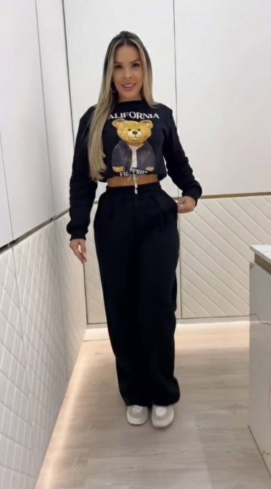 Kadın Uzun Kollu Bisiklet Yaka Desenli Iki Iplik şardonlu Bluz Ve Pantolon Ikili Takım