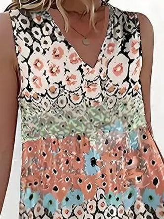 Kadın Kolsuz V Yaka çiçek Desenli Süprem Elbise