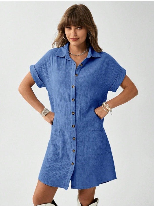 Kadın Cep Detay Müslin Kumaş Mini Gömlek Elbise