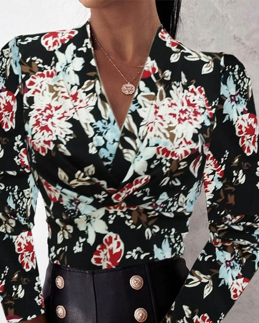 Kadın Uzun Kollu Kruvaze Yakalı Kelebek Desenli şardonlu Dalgıç Bluz