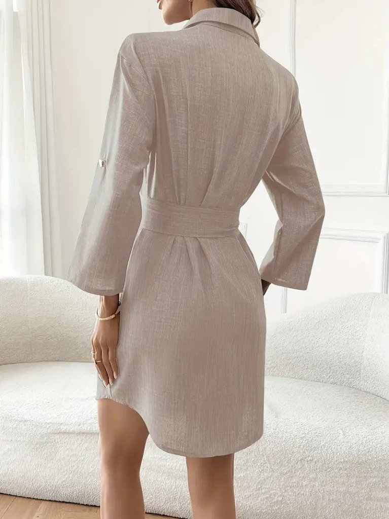 Kadın Uzun Kollu Yakalı önden Düğmeli Beli Kuşaklı Mini Ithal Keten Elbise