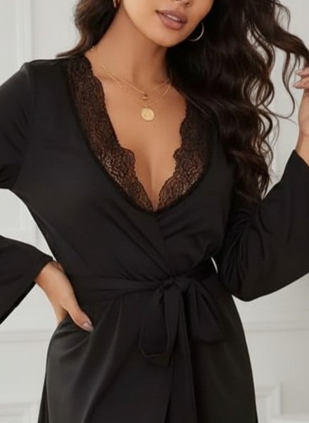 Kadın Uzun Kollu Dantel Yakalı Belden Kuşaklı Viskon Gecelik